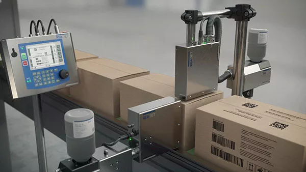 Direct cardboard marking from above and from the side with symbols, codes and text